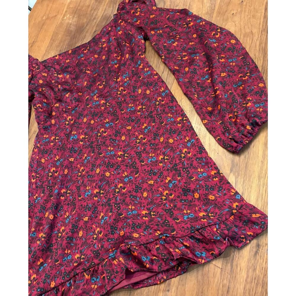 Lush Burgundy Floral Balloon Sleeve Ruffle Mini Dress Womens Medium Boho Cottage